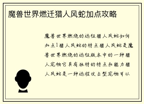 魔兽世界燃迁猎人风蛇加点攻略